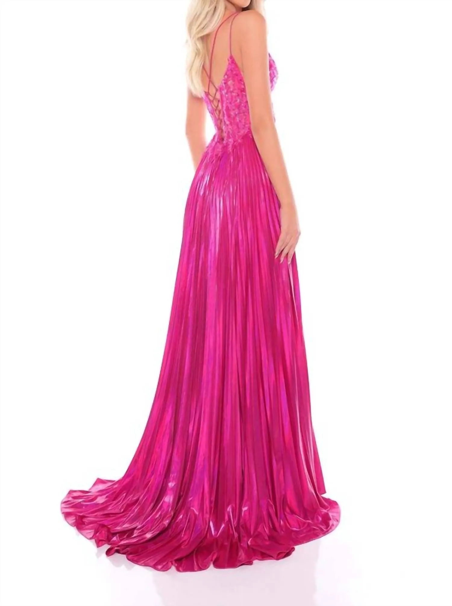 Amarra - Metallic Sequin Plunging Sweetheart Pleated Dress