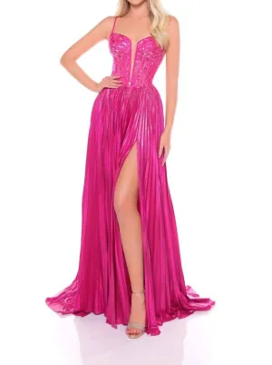 Amarra - Metallic Sequin Plunging Sweetheart Pleated Dress