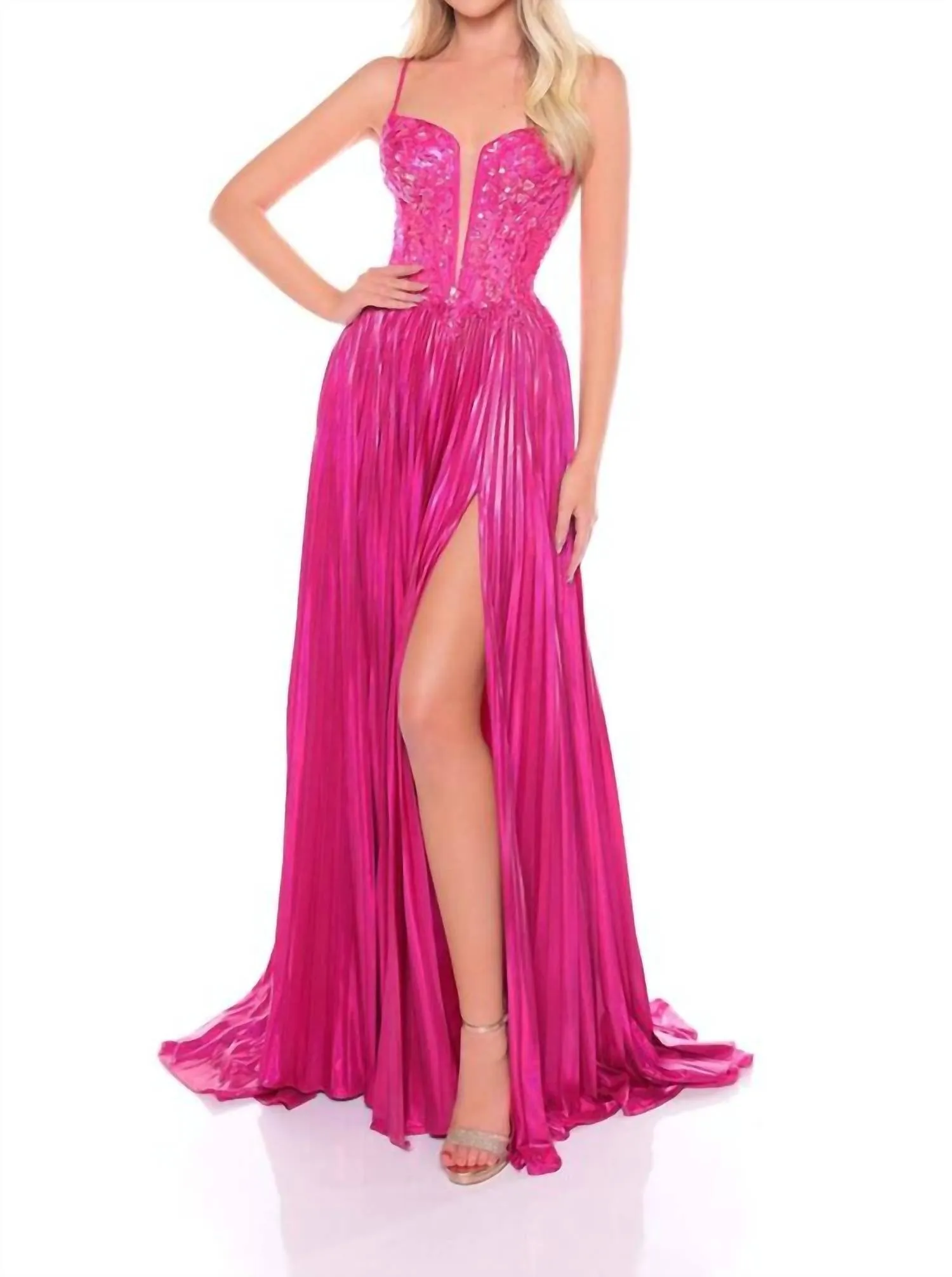 Amarra - Metallic Sequin Plunging Sweetheart Pleated Dress