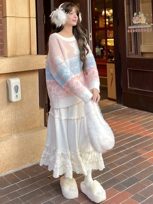 Beige High Waist Lace Accents Flounce Hem Midi Skirt