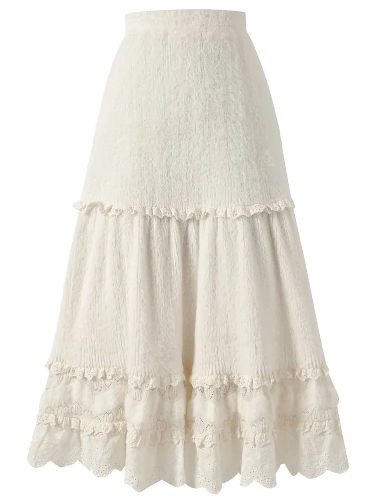 Beige High Waist Lace Accents Flounce Hem Midi Skirt
