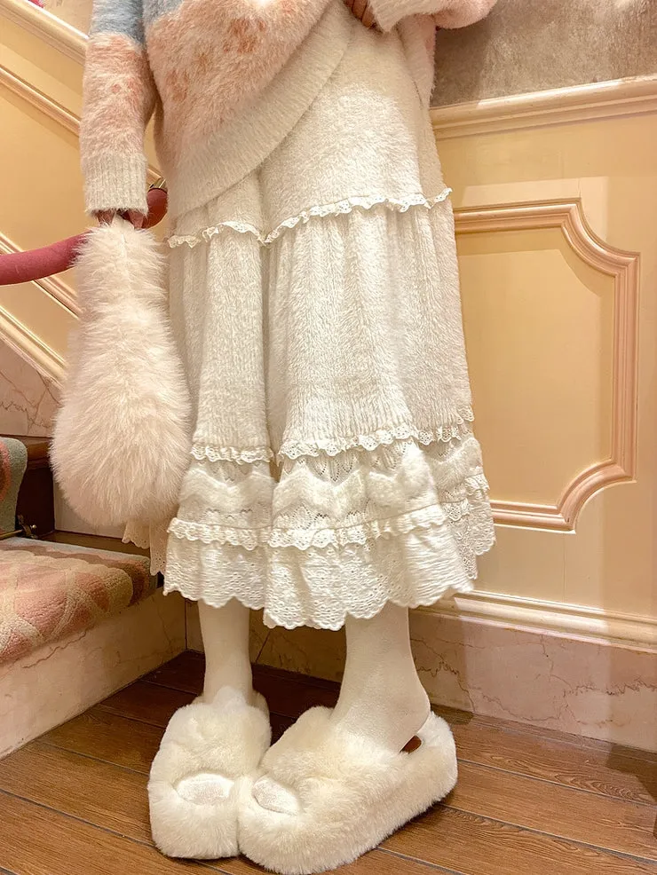 Beige High Waist Lace Accents Flounce Hem Midi Skirt