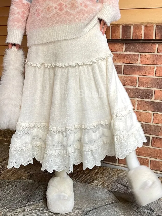 Beige High Waist Lace Accents Flounce Hem Midi Skirt