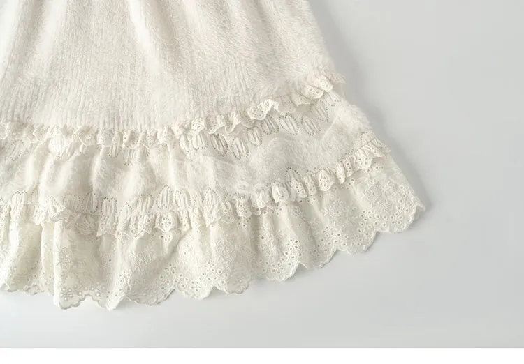 Beige High Waist Lace Accents Flounce Hem Midi Skirt