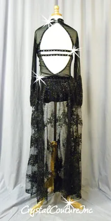 Black Connected 2Pc Bra-Top and Trunk/Embroidered Sheer Skirt - Swarovski Rhinestones