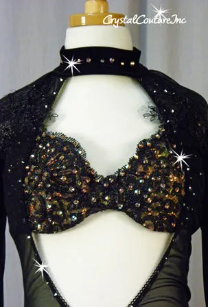 Black Connected 2Pc Bra-Top and Trunk/Embroidered Sheer Skirt - Swarovski Rhinestones