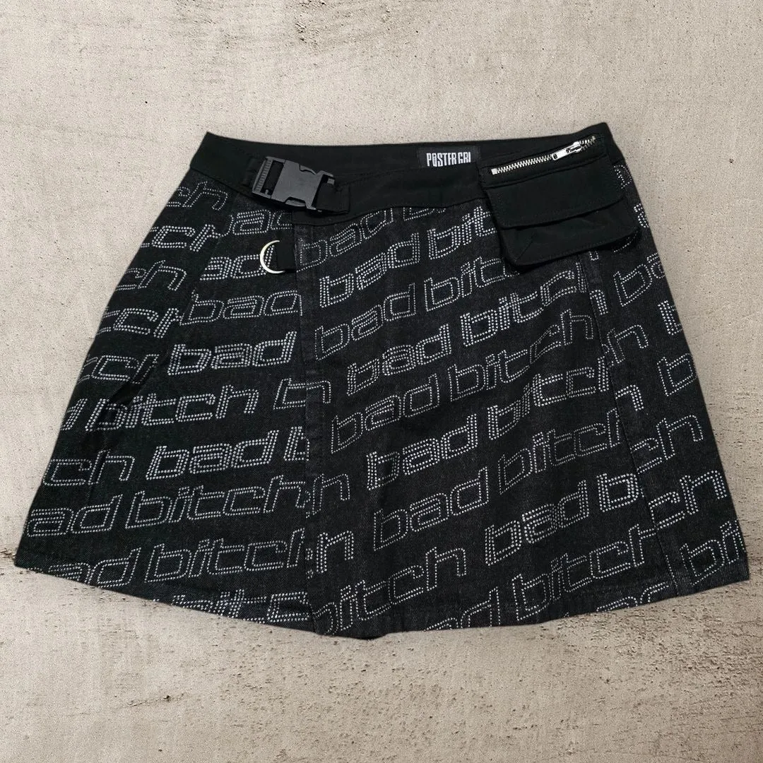 Black Denim Wrap Skirt With Attached Pocket Clip Belt Closure