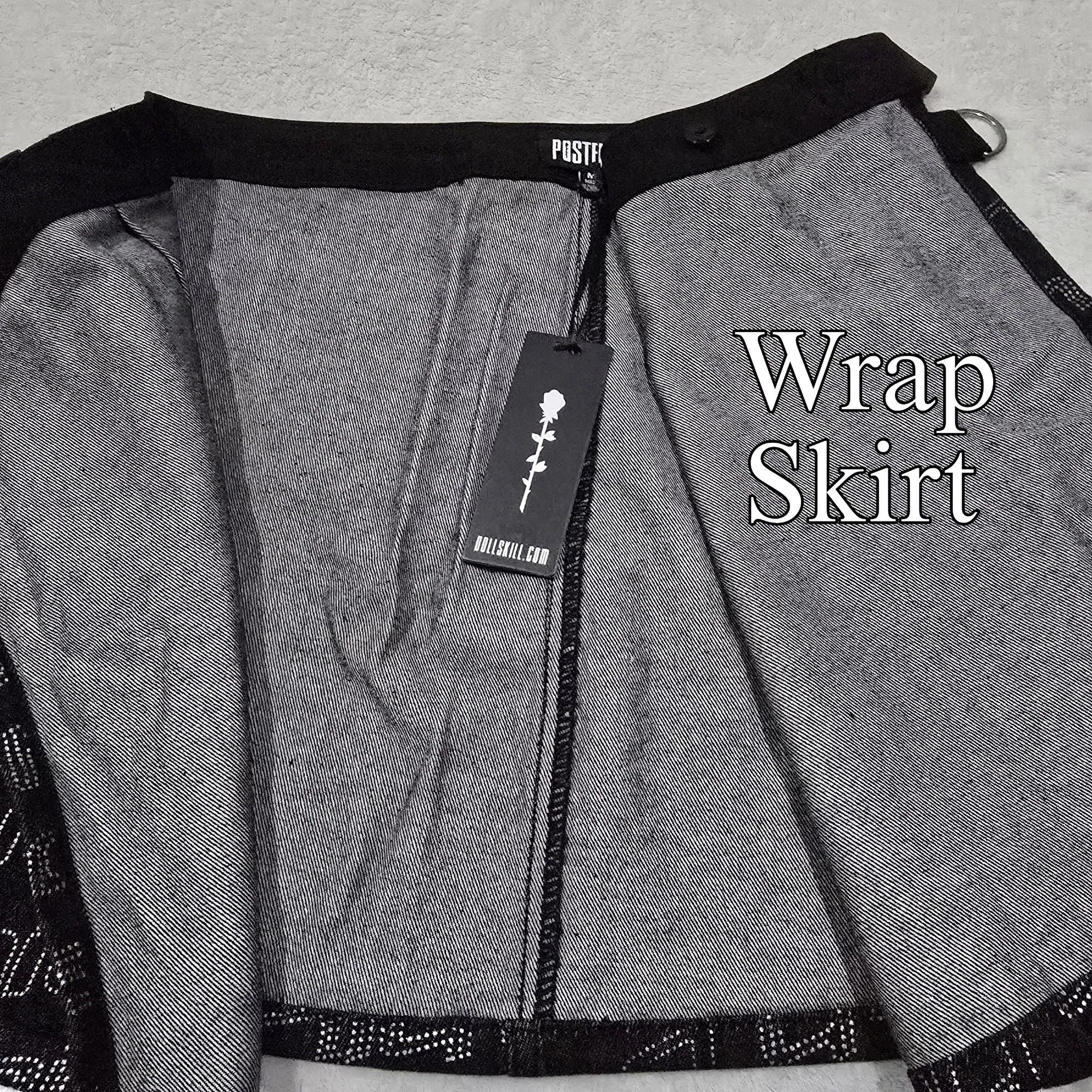 Black Denim Wrap Skirt With Attached Pocket Clip Belt Closure