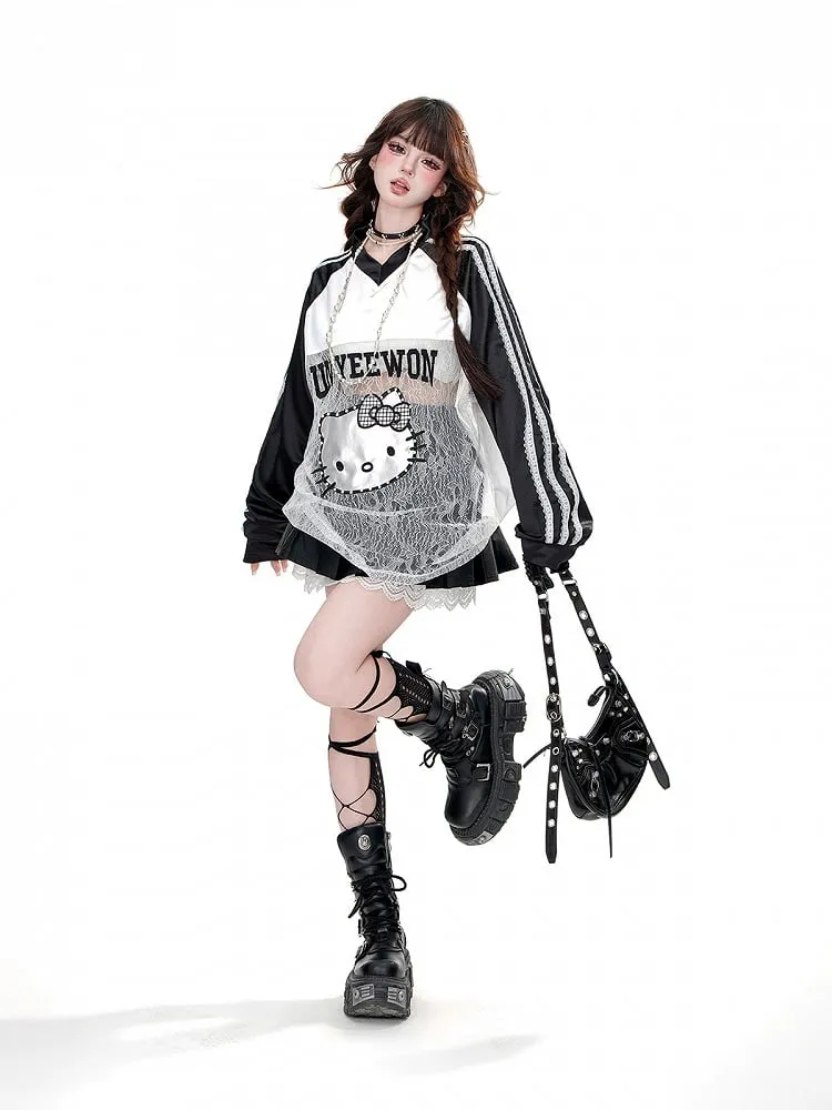 Black High Waist Double Buckle Lace Trim Box Pleat Skirt