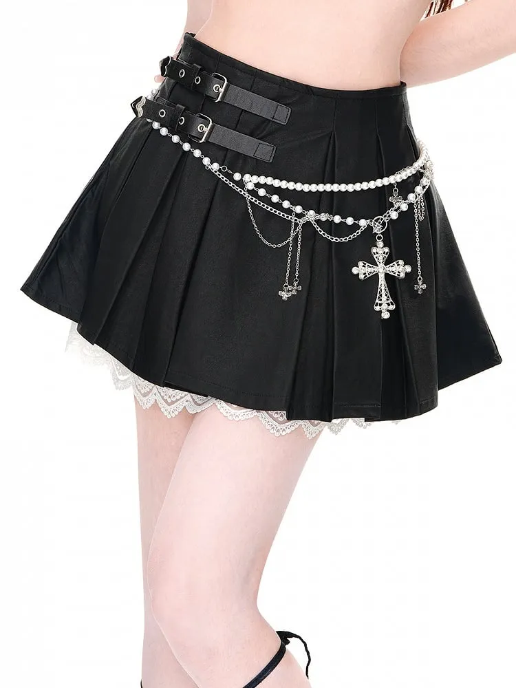 Black High Waist Double Buckle Lace Trim Box Pleat Skirt