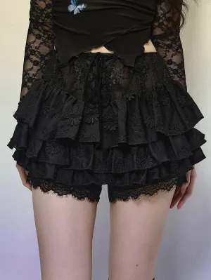 Black Lace Floral Pattern High Waist Tiered Mini Skirt Lace-up Detail