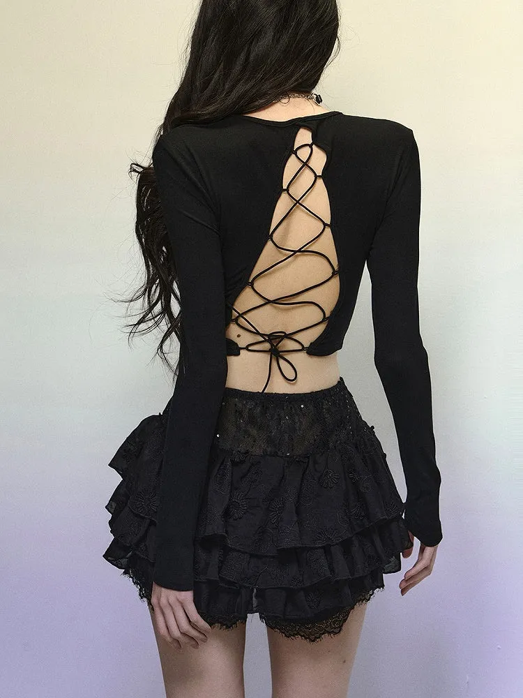 Black Lace Floral Pattern High Waist Tiered Mini Skirt Lace-up Detail