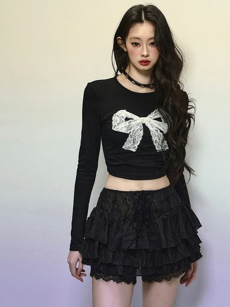 Black Lace Floral Pattern High Waist Tiered Mini Skirt Lace-up Detail
