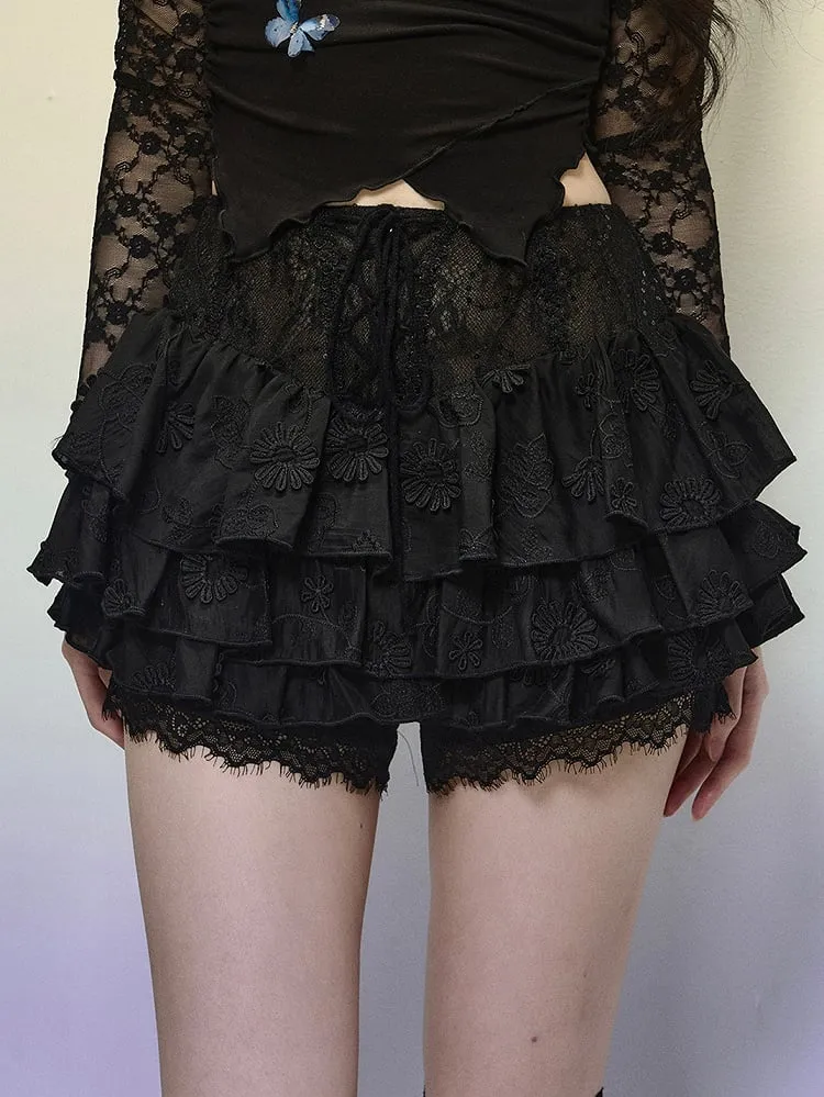 Black Lace Floral Pattern High Waist Tiered Mini Skirt Lace-up Detail