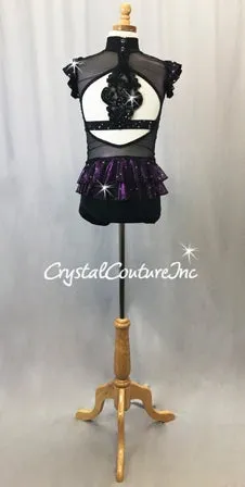 Black Lycra and Purple Mesh Biketard w/Back Skirt -Swarovski Rhinestones