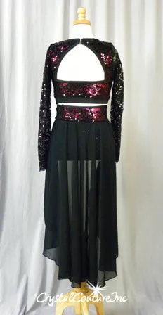 Black Sequin Lace with Shimmery Burgundy Crop Top and Trunk/Chiffon Skirt