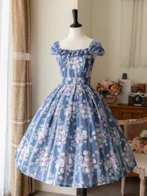 Blue Floral Elegant High Waist Jumper Skirt