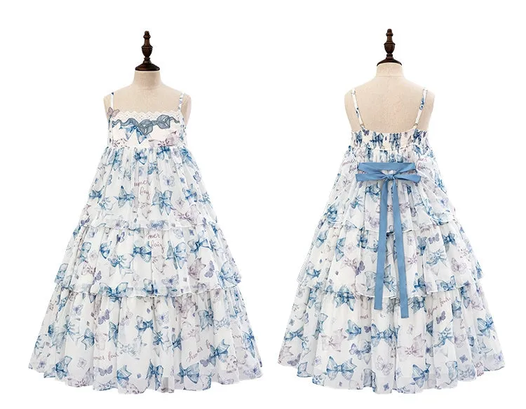 Blue High Waist Bowknots Print Tiered Skirt Summer Lolita Dress