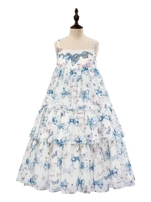 Blue High Waist Bowknots Print Tiered Skirt Summer Lolita Dress