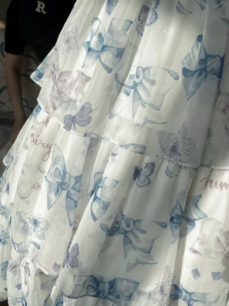 Blue High Waist Bowknots Print Tiered Skirt Summer Lolita Dress