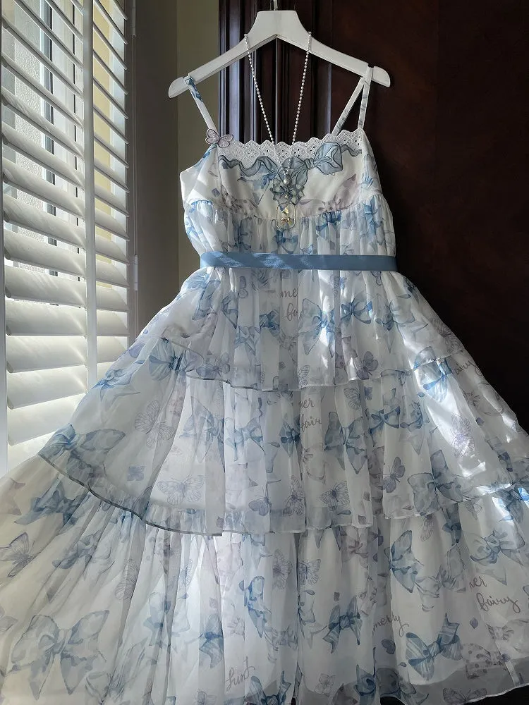 Blue High Waist Bowknots Print Tiered Skirt Summer Lolita Dress