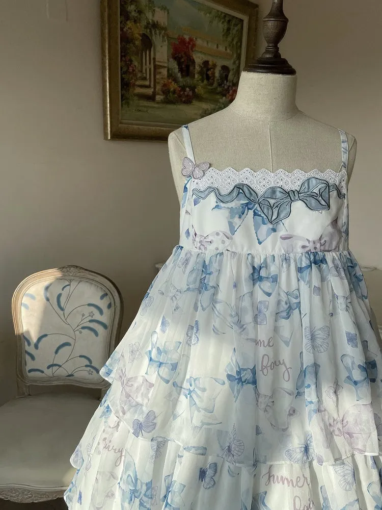 Blue High Waist Bowknots Print Tiered Skirt Summer Lolita Dress