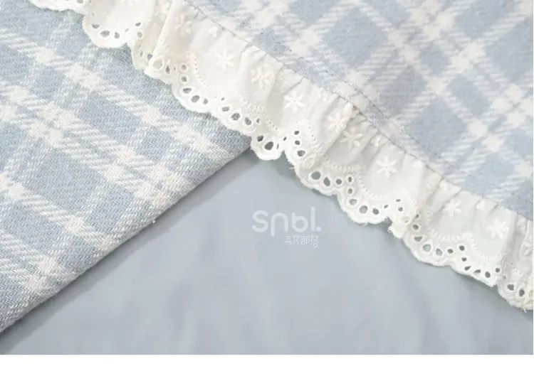 Blue Plaid Pattern High Waist Lace Trim Midi Skirt