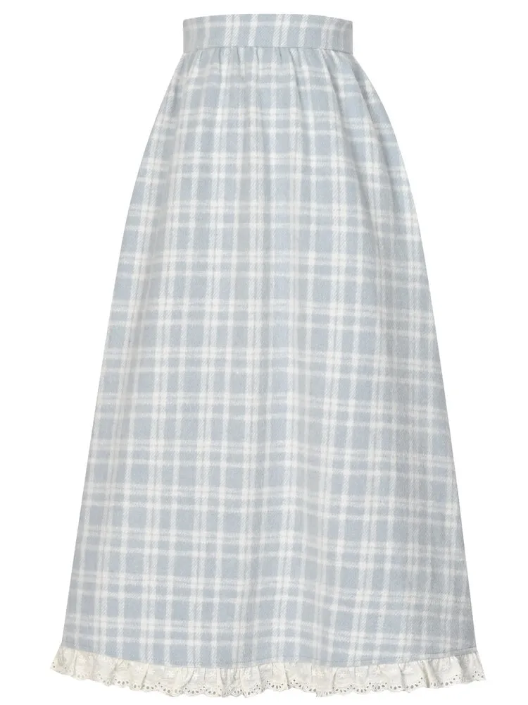 Blue Plaid Pattern High Waist Lace Trim Midi Skirt