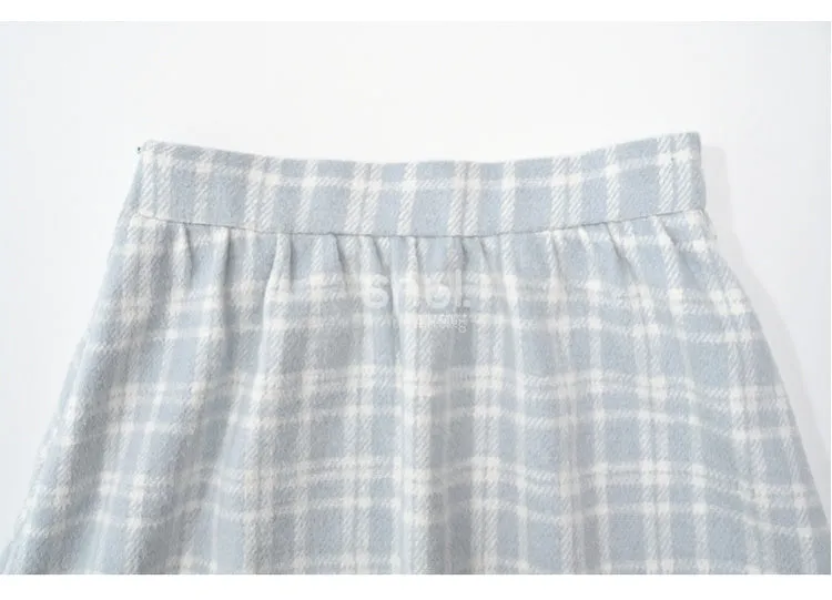 Blue Plaid Pattern High Waist Lace Trim Midi Skirt