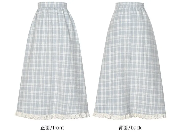 Blue Plaid Pattern High Waist Lace Trim Midi Skirt