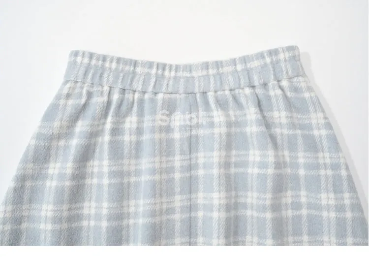 Blue Plaid Pattern High Waist Lace Trim Midi Skirt