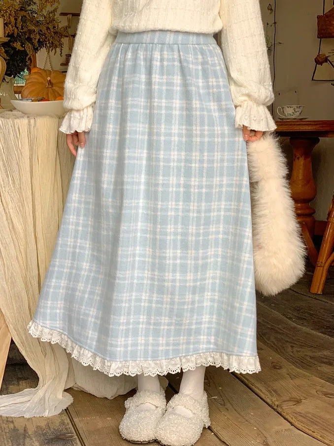 Blue Plaid Pattern High Waist Lace Trim Midi Skirt