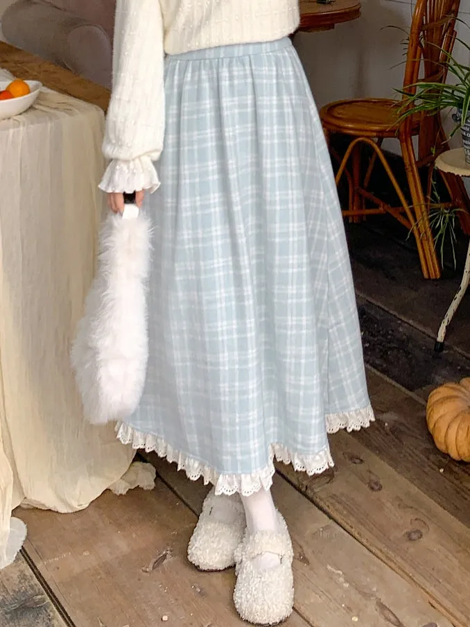 Blue Plaid Pattern High Waist Lace Trim Midi Skirt