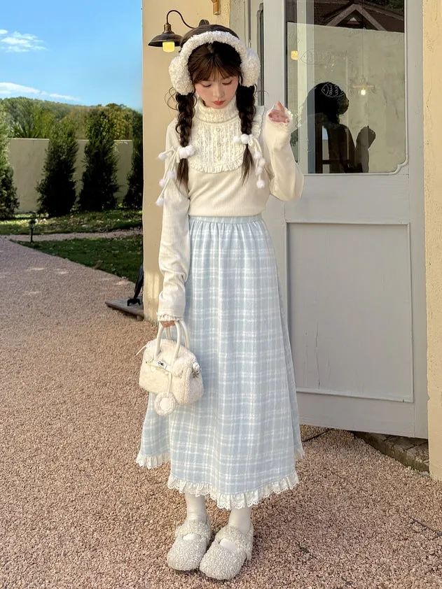 Blue Plaid Pattern High Waist Lace Trim Midi Skirt