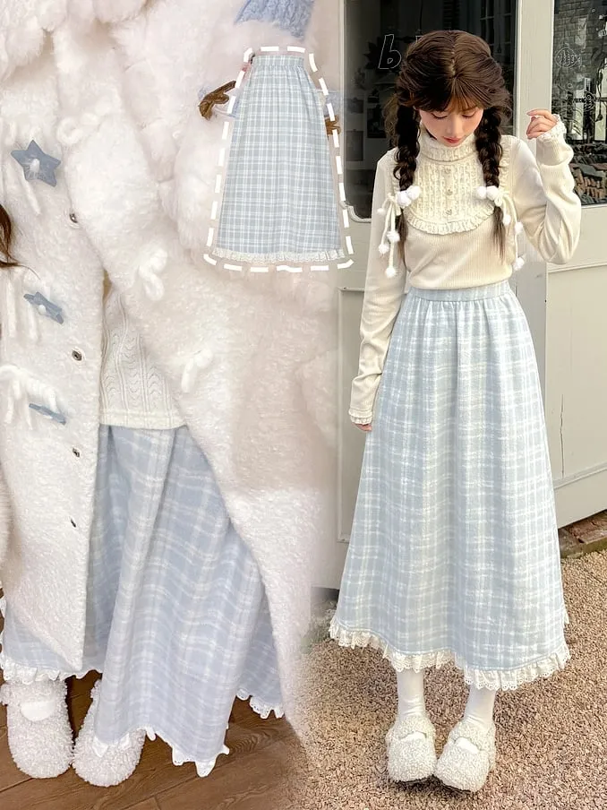 Blue Plaid Pattern High Waist Lace Trim Midi Skirt