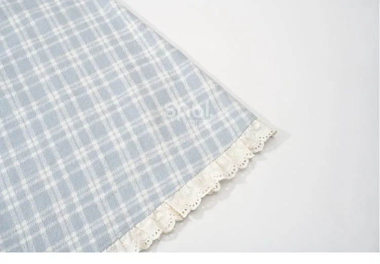 Blue Plaid Pattern High Waist Lace Trim Midi Skirt
