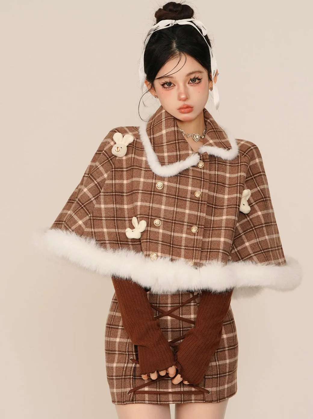 Check Rabbit Fur Mant   Tight Lace-Up Suspender Skirt