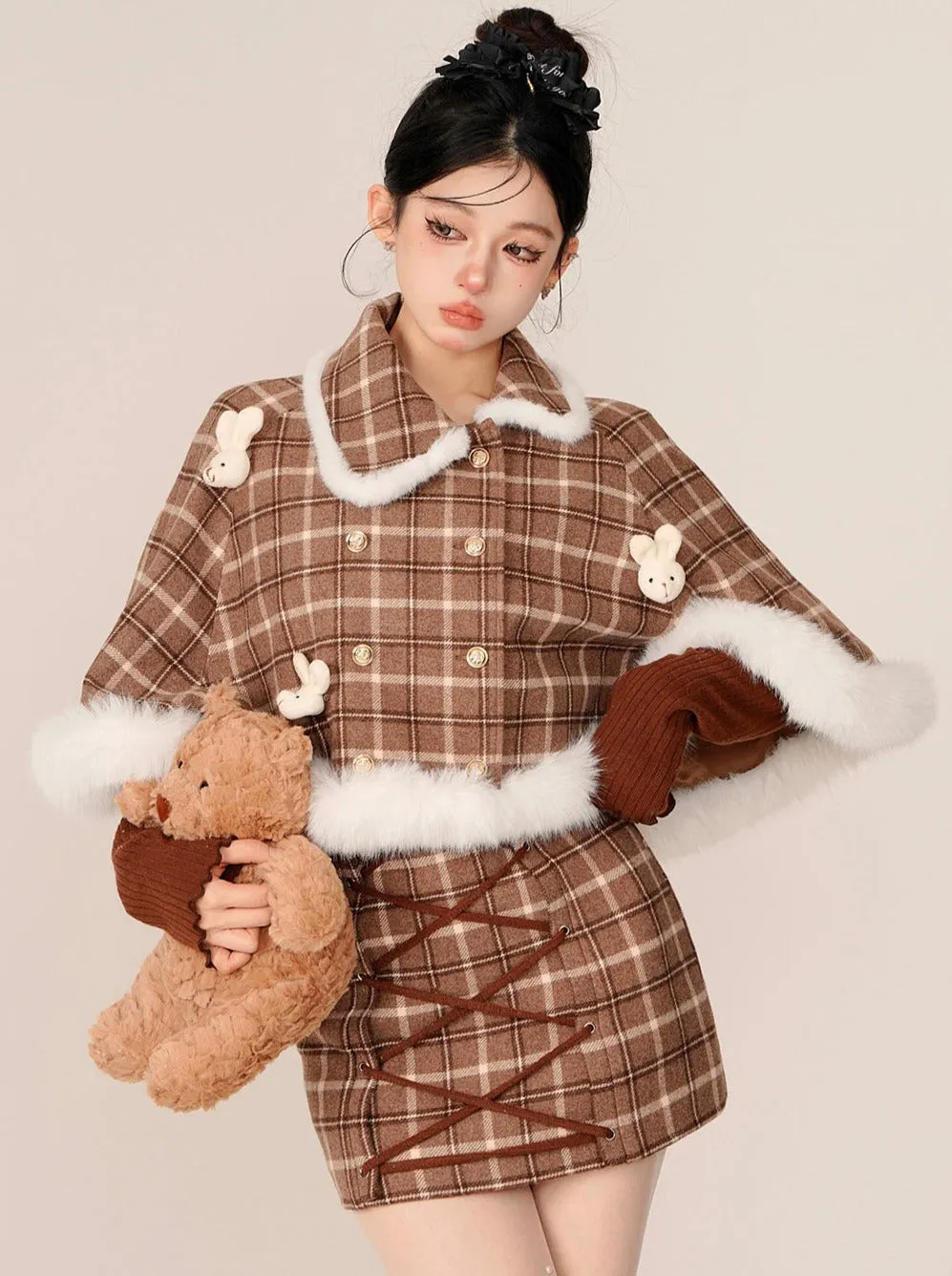 Check Rabbit Fur Mant   Tight Lace-Up Suspender Skirt