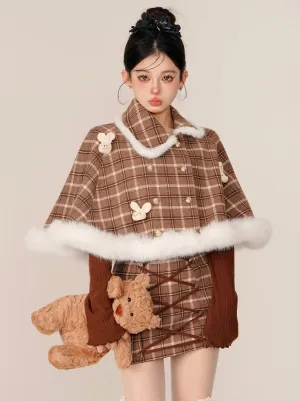 Check Rabbit Fur Mant   Tight Lace-Up Suspender Skirt