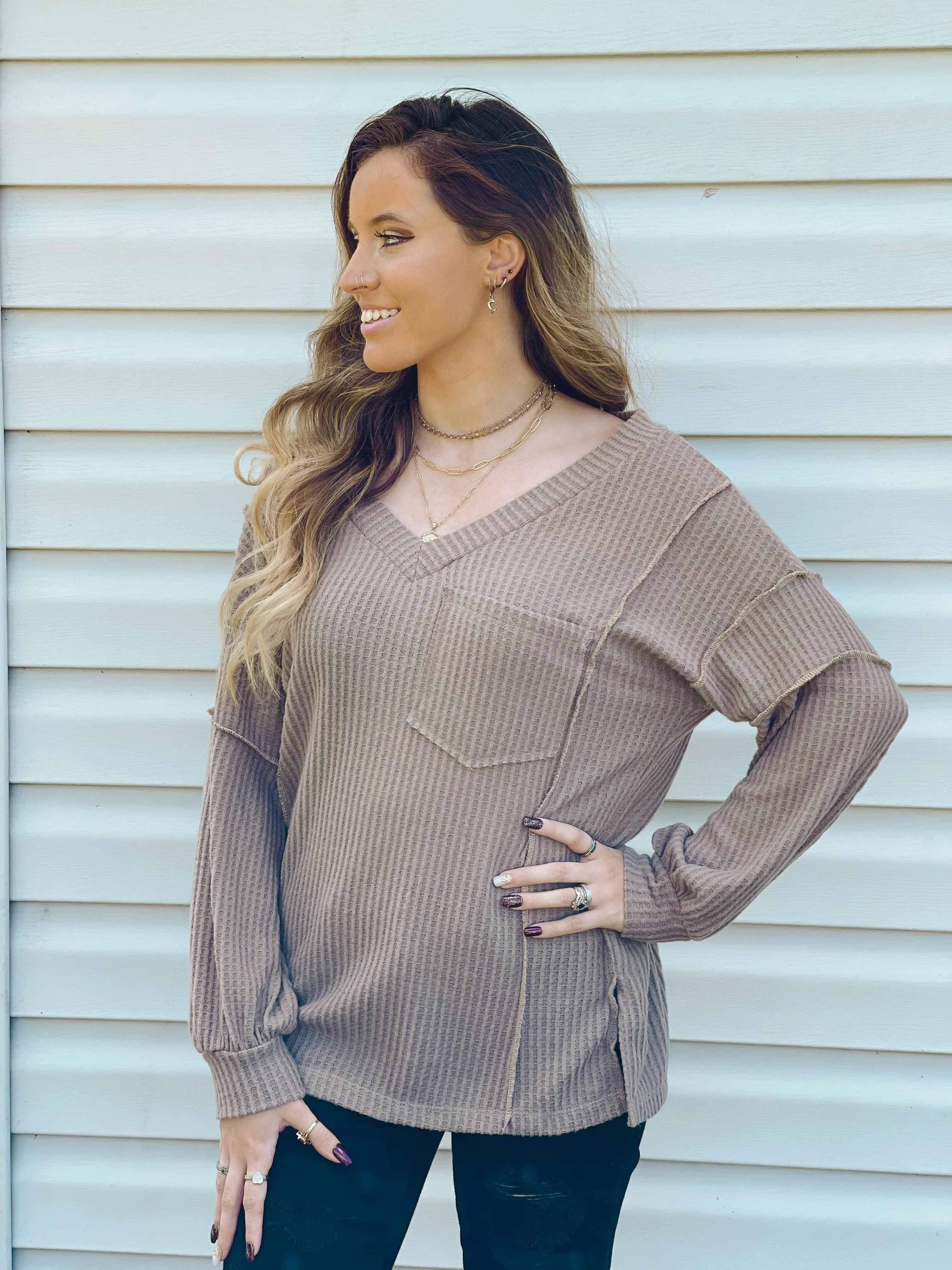 Cider Sippin' Waffle Knit Sweater In Mocha