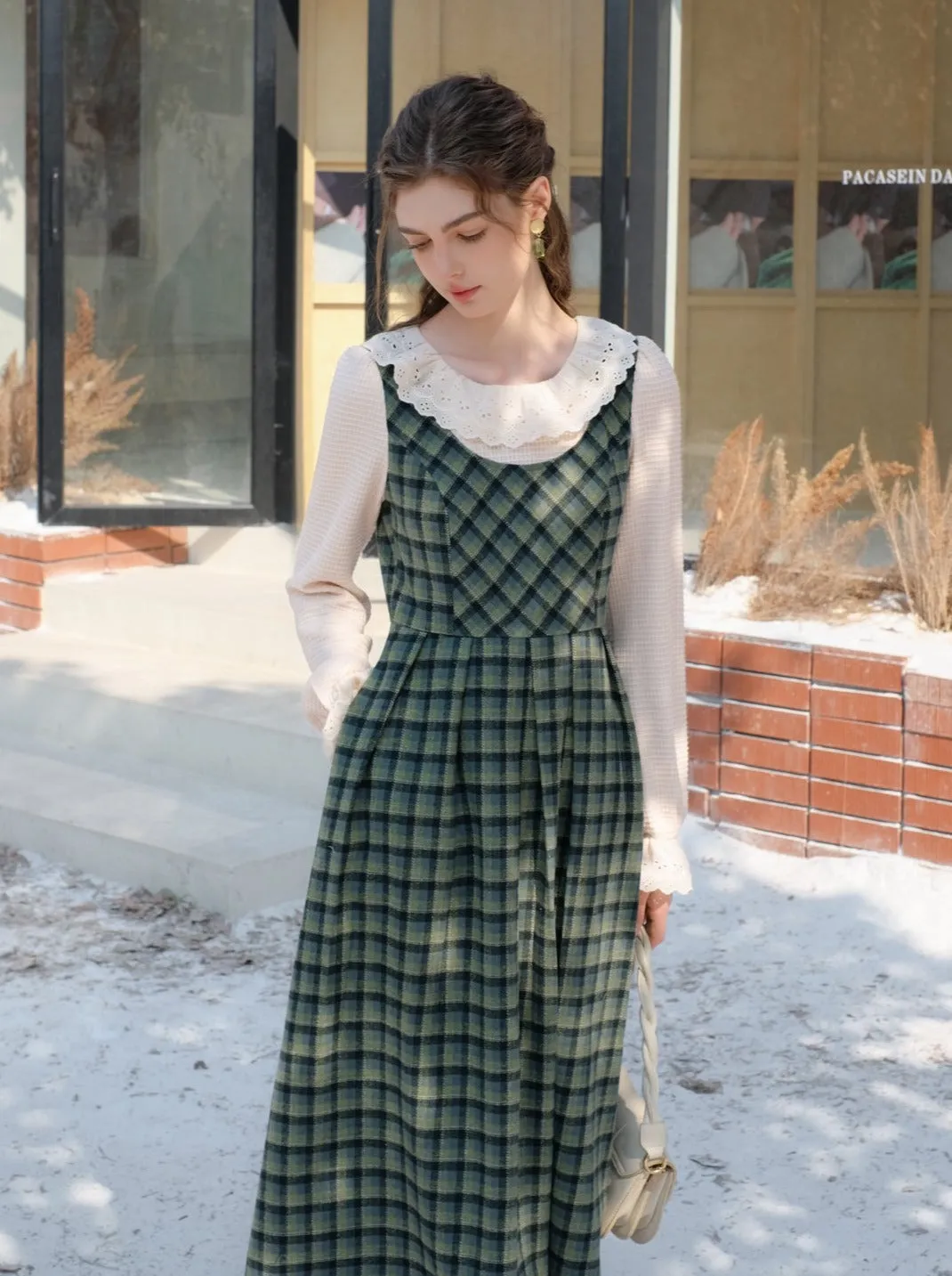 Collar Skirt Retro Suspender Green Check Ruffle Blouse Lace