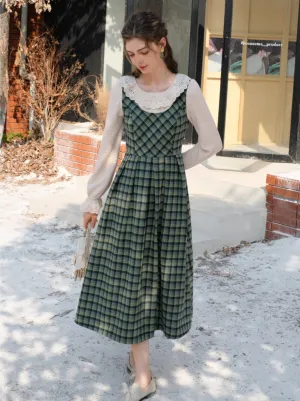 Collar Skirt Retro Suspender Green Check Ruffle Blouse Lace