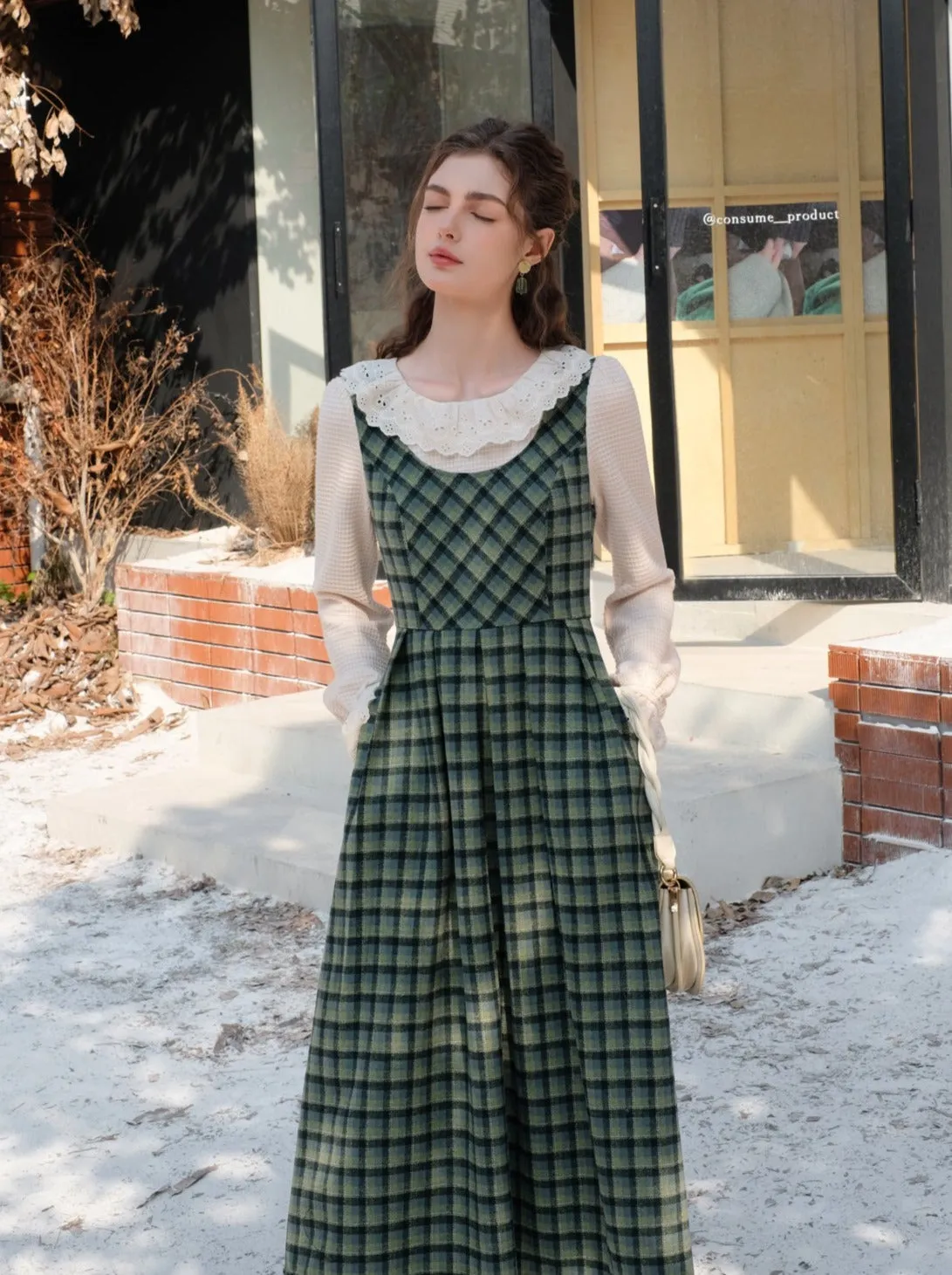 Collar Skirt Retro Suspender Green Check Ruffle Blouse Lace