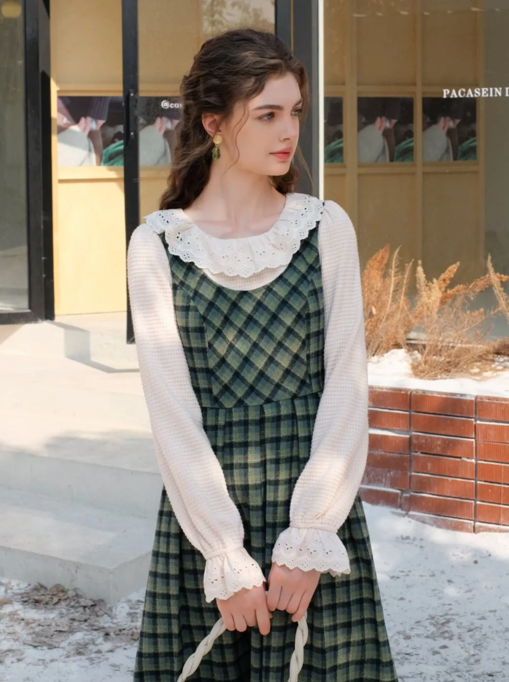 Collar Skirt Retro Suspender Green Check Ruffle Blouse Lace
