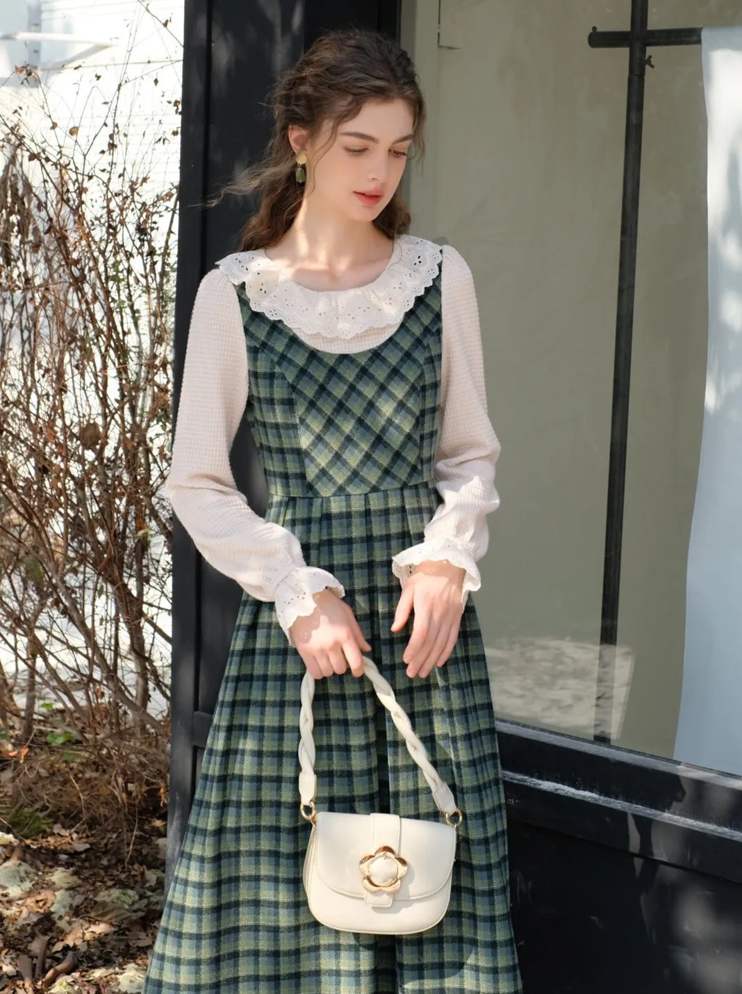 Collar Skirt Retro Suspender Green Check Ruffle Blouse Lace