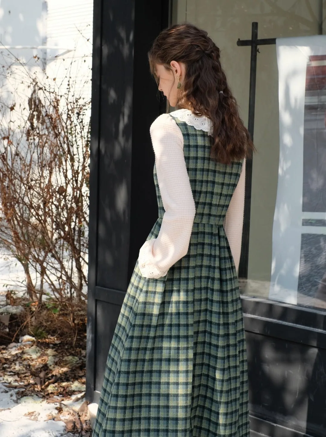 Collar Skirt Retro Suspender Green Check Ruffle Blouse Lace