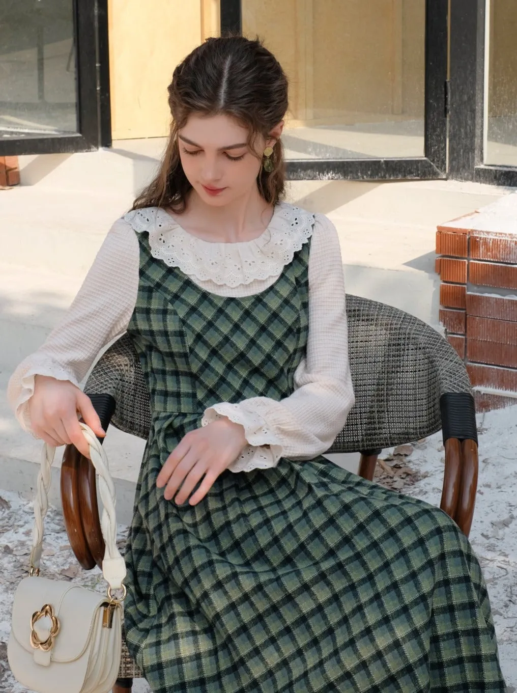 Collar Skirt Retro Suspender Green Check Ruffle Blouse Lace
