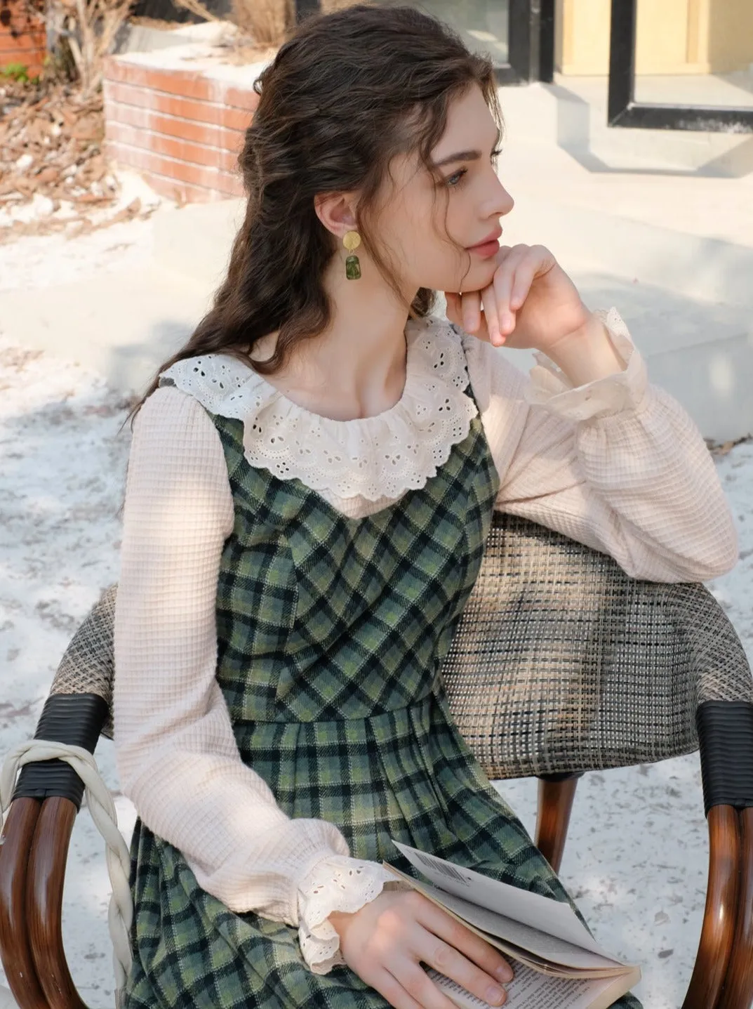 Collar Skirt Retro Suspender Green Check Ruffle Blouse Lace