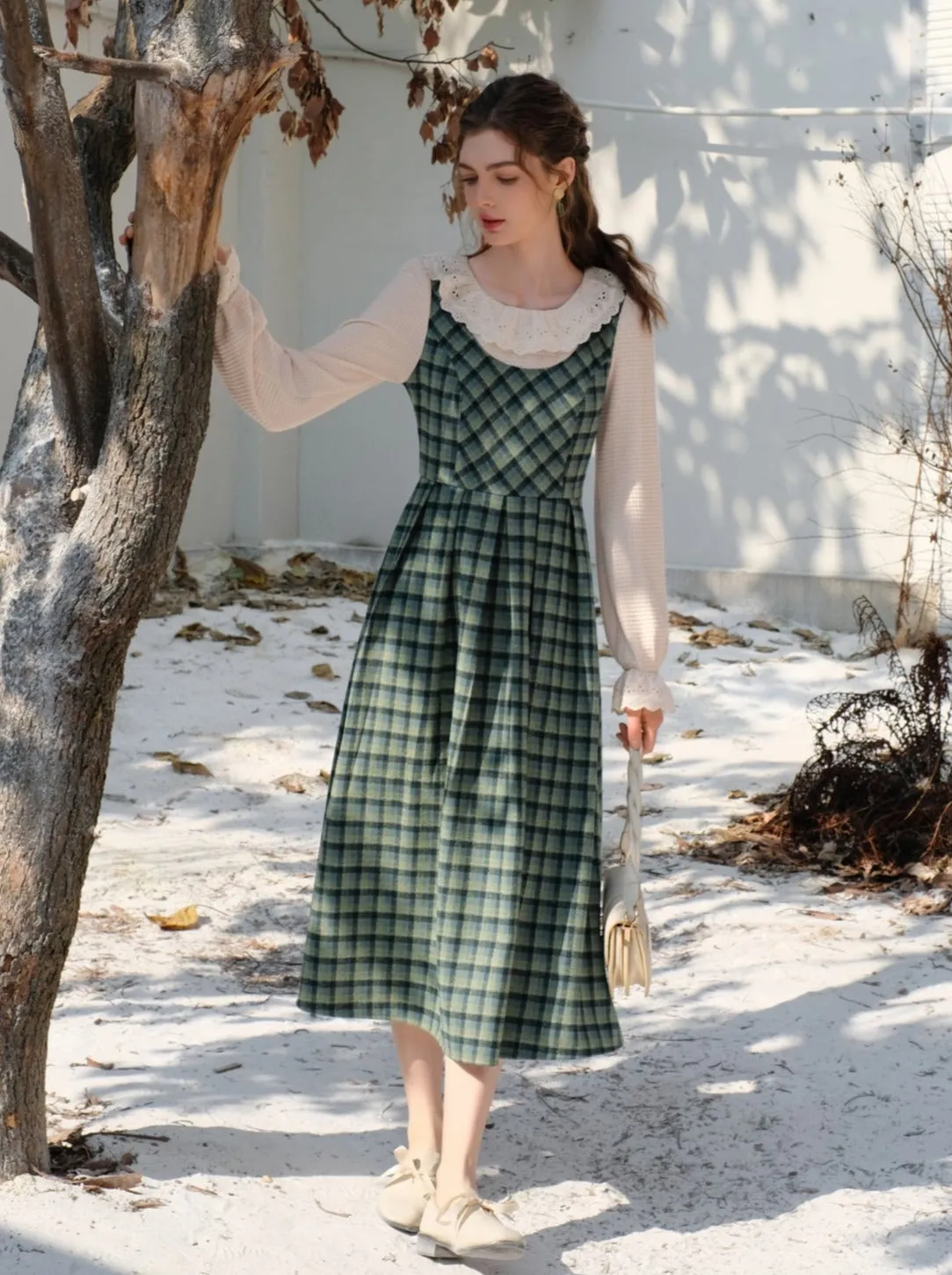 Collar Skirt Retro Suspender Green Check Ruffle Blouse Lace
