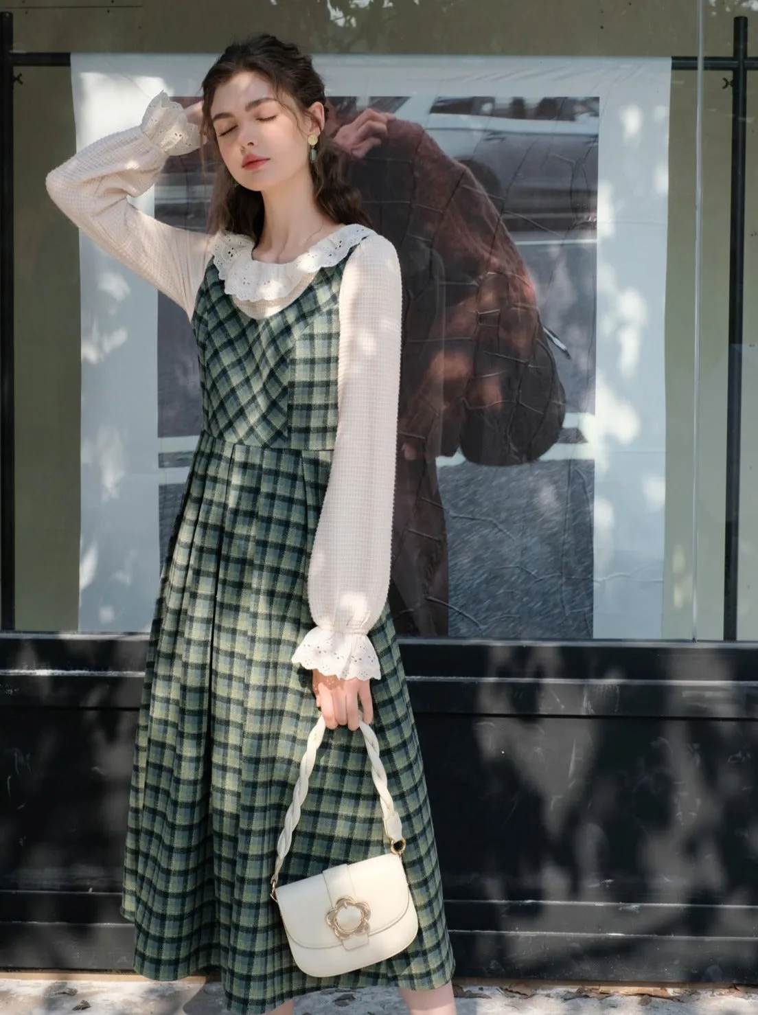 Collar Skirt Retro Suspender Green Check Ruffle Blouse Lace